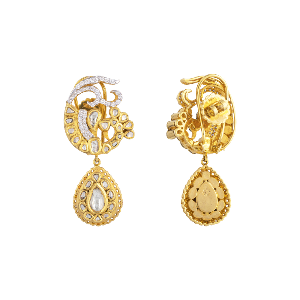 Peacock Polki Earrings with Diamond Accents and Teardrop Pendant